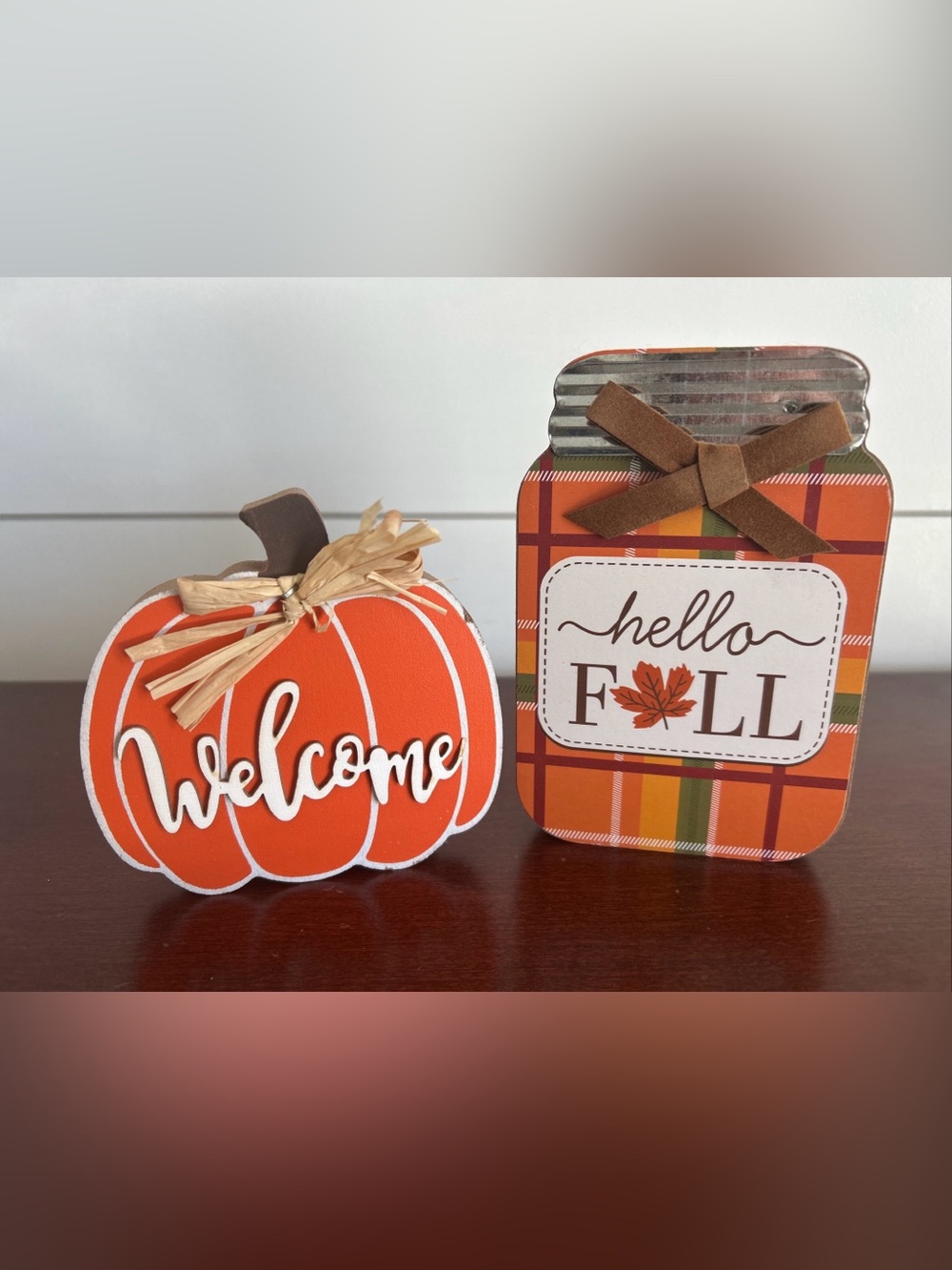 New Hello Fall Wooden Mason Jar Orange Plaid/Welcome Orange Wooden Pumpkin